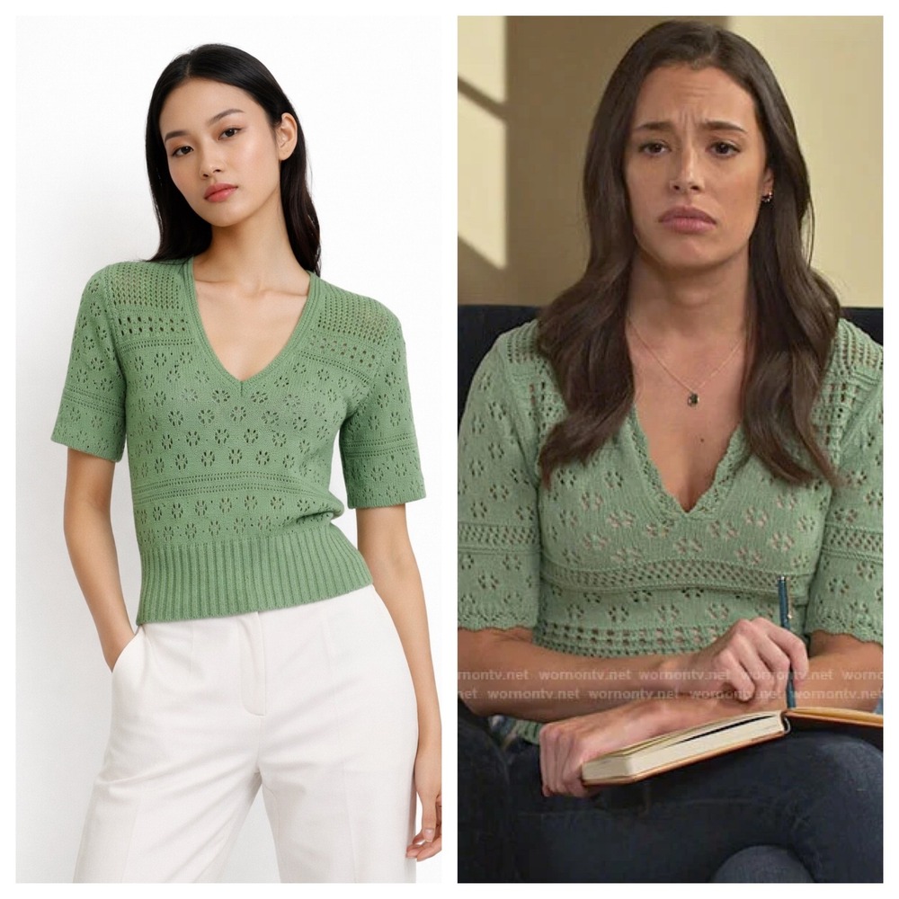 Sandro Paris Joe Pointelle Open Knit Top M Green Cottagecore Soft Girl Romantic